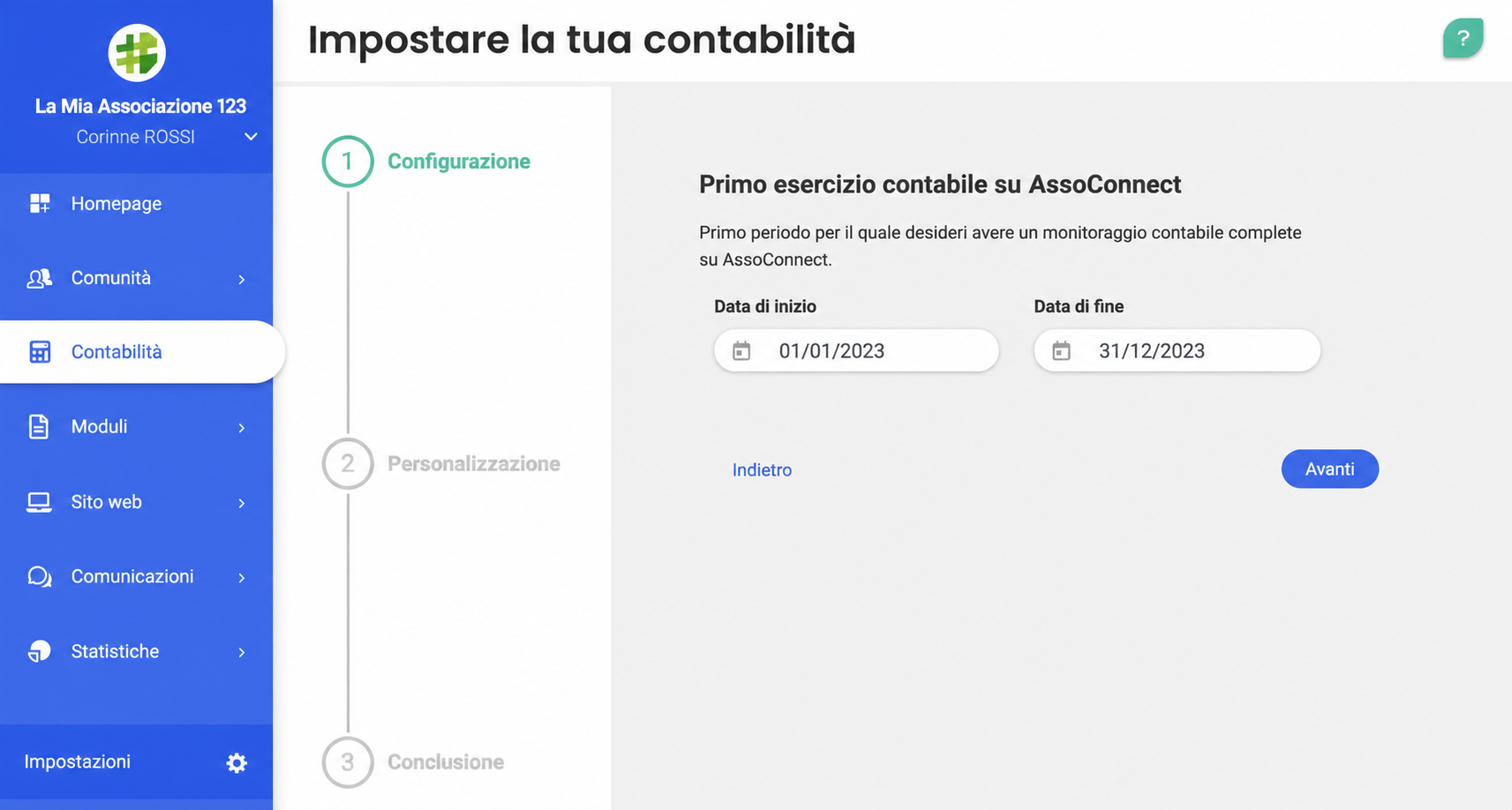 Fase 1 della configurazione contabile su AssoConnect: inserimento delle date di inizio (01/01/2023) e di fine (31/12/2023) del primo esercizio contabile.