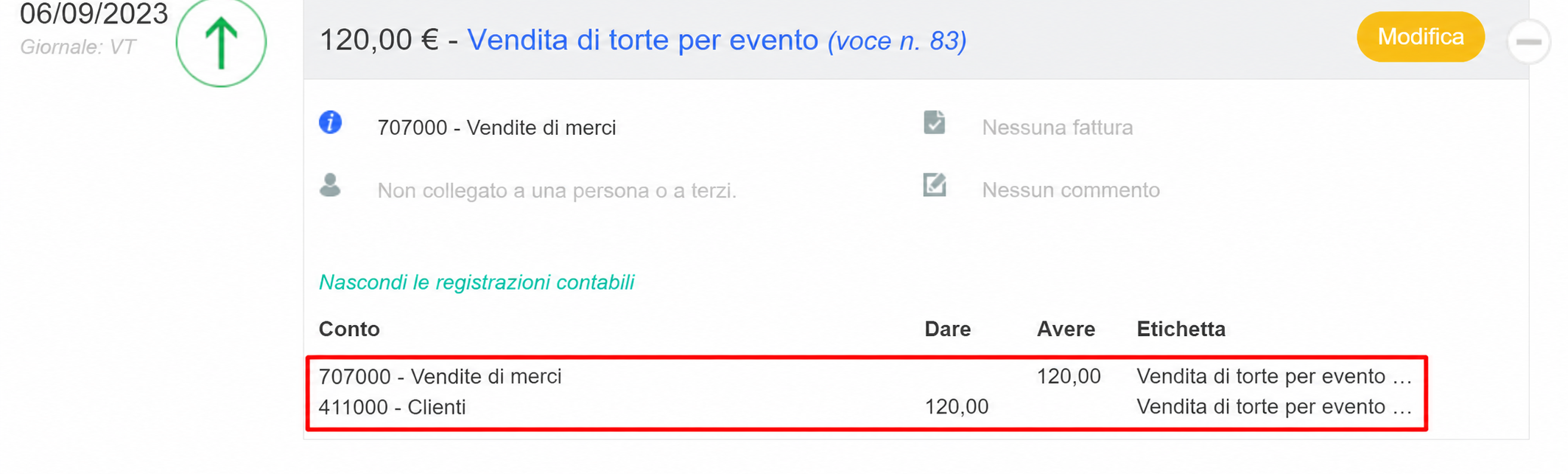 Écriture comptable d'une vente de 120 € avec les lignes débit/crédit sur les comptes 707000 (Ventes de marchandises) et 411000 (Clients) mises en évidence
