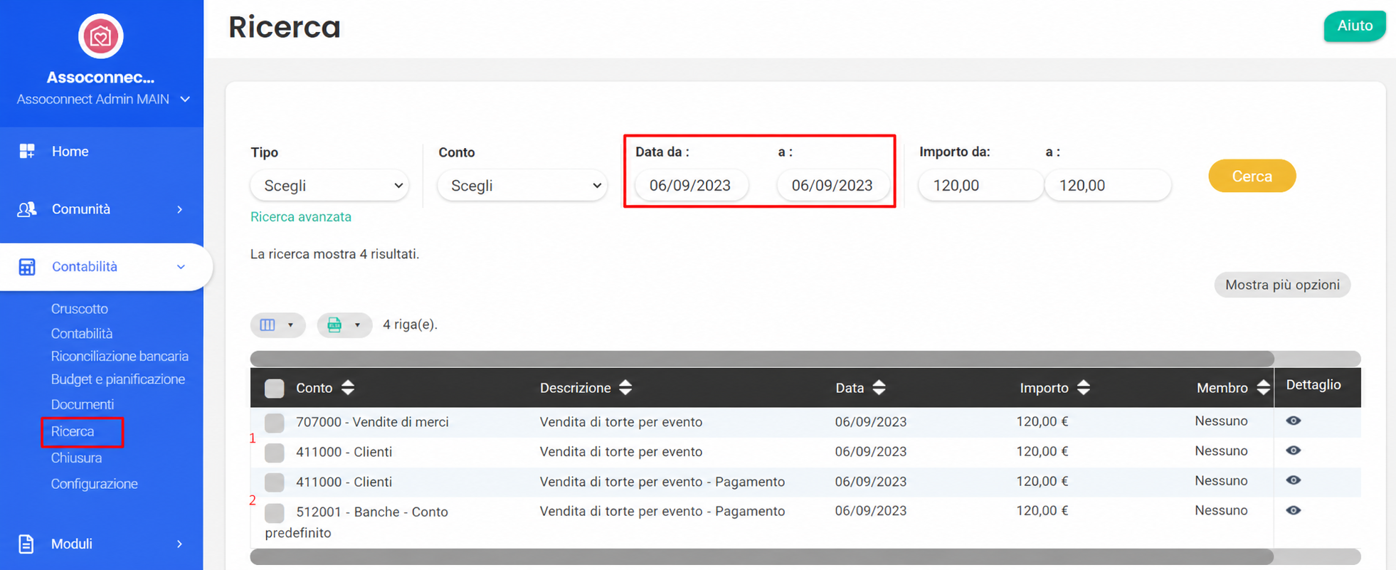 Page Recherche en comptabilité AssoConnect, avec les filtres Date et Montant remplis, affichant 4 écritures pour « Vente de gâteaux événement » du 06/09/2023.
