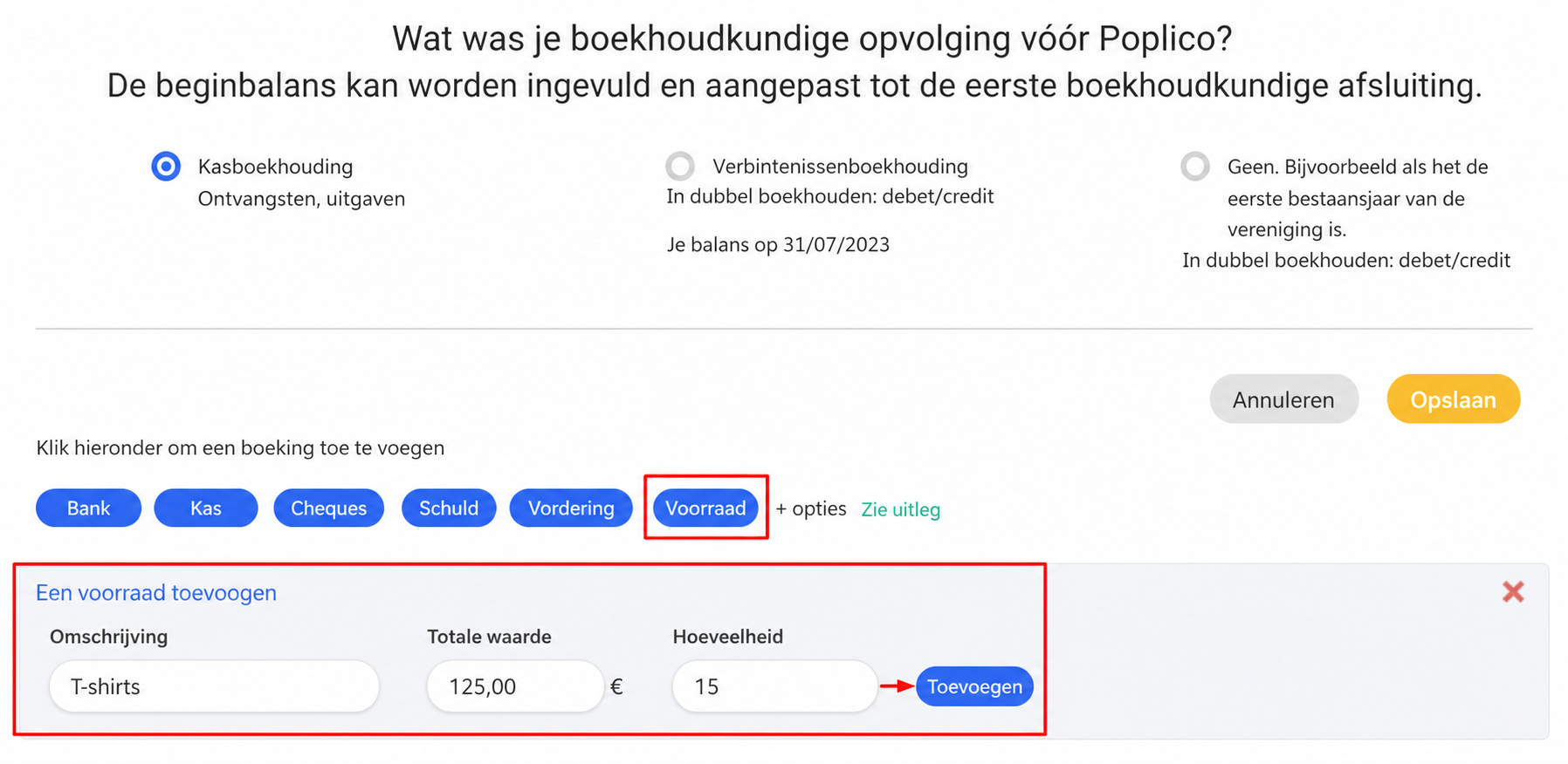 AssoConnect-formulier « Een voorraad toevoegen » met de knop Voorraad in de kijker, en een voorbeeld: label « Petten », waarde 100 €, hoeveelheid 20