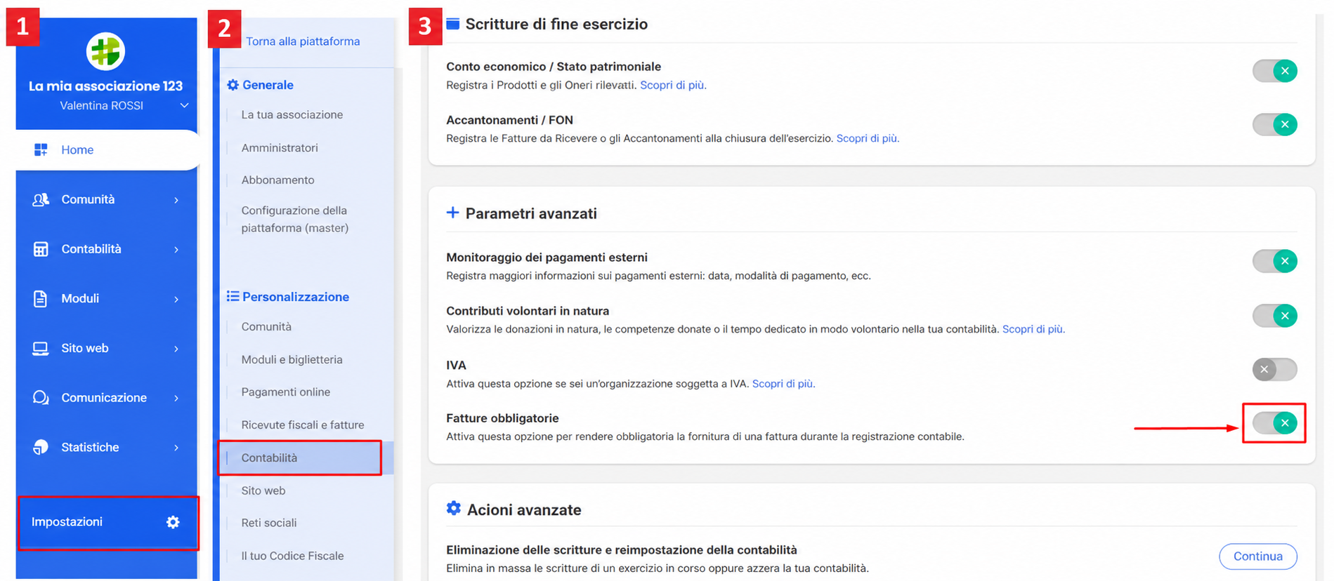 Paramètres AssoConnect > Personnalisation > Comptabilité, avec le toggle « Factures obligatoires » mis en évidence dans les paramètres avancés.