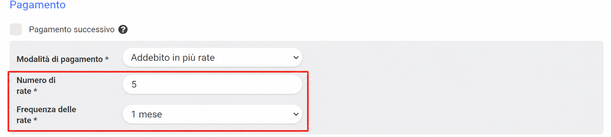 Section Paiement d'AssoConnect avec le mode « Prélèvement en plusieurs fois » sélectionné, et les champs Nombre de prélèvements (5) et Fréquence (1 mois) mis en évidence.