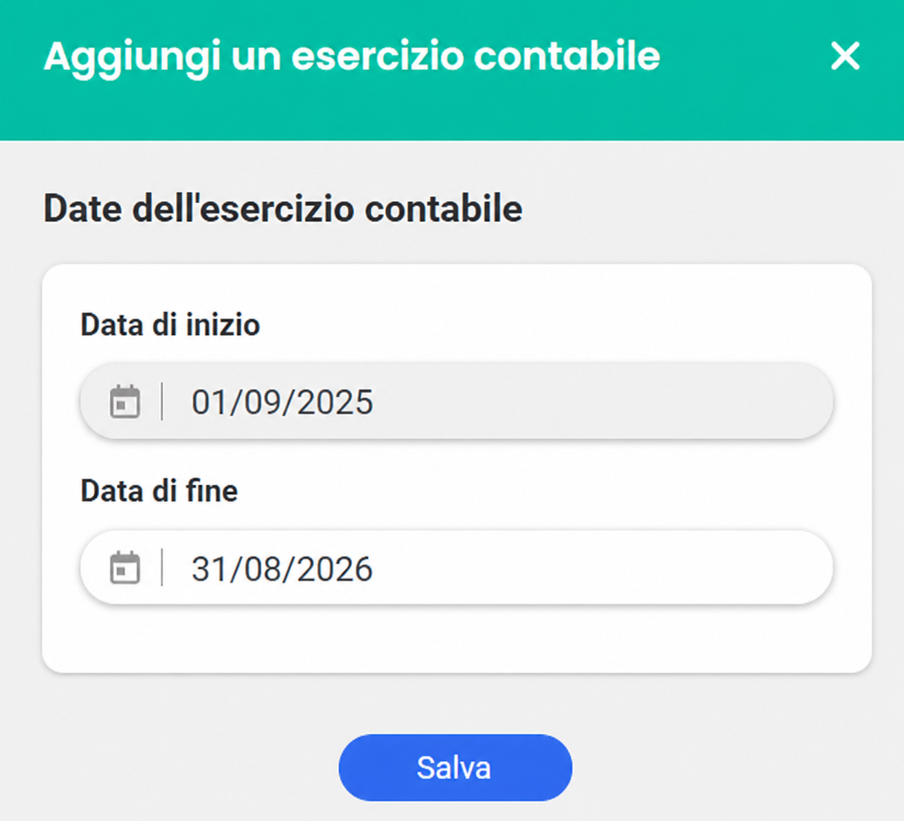 Finestra «Aggiungi un esercizio contabile» con data di inizio 01/09/2025 e data di fine 31/08/2026