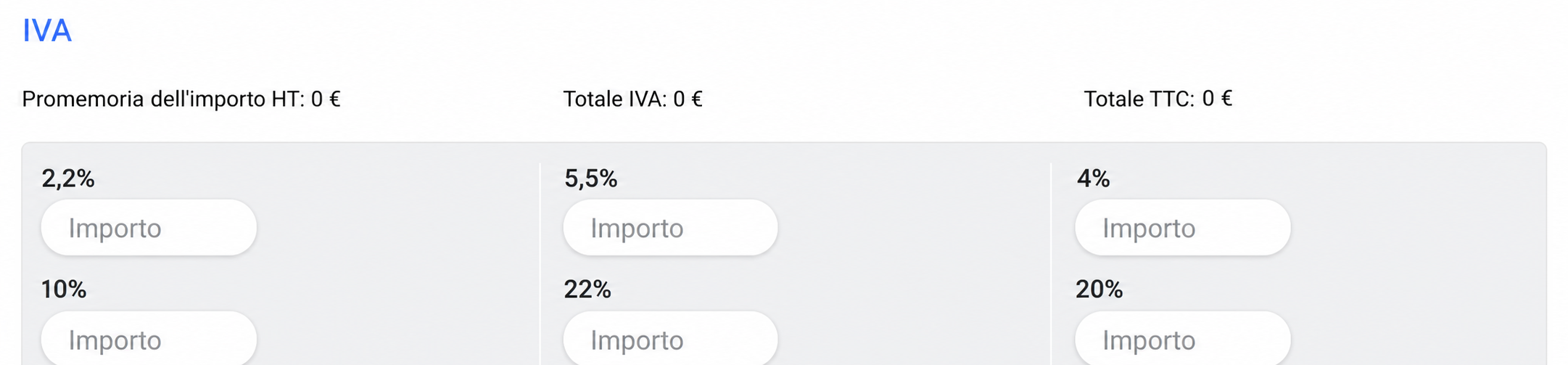 Section TVA d'AssoConnect affichant le rappel du montant HT, le total TVA, le total TTC, et des champs de montant pour les taux 2,1 %, 5,5 %, 7 %, 10 %, 19,6 % et 20 %
