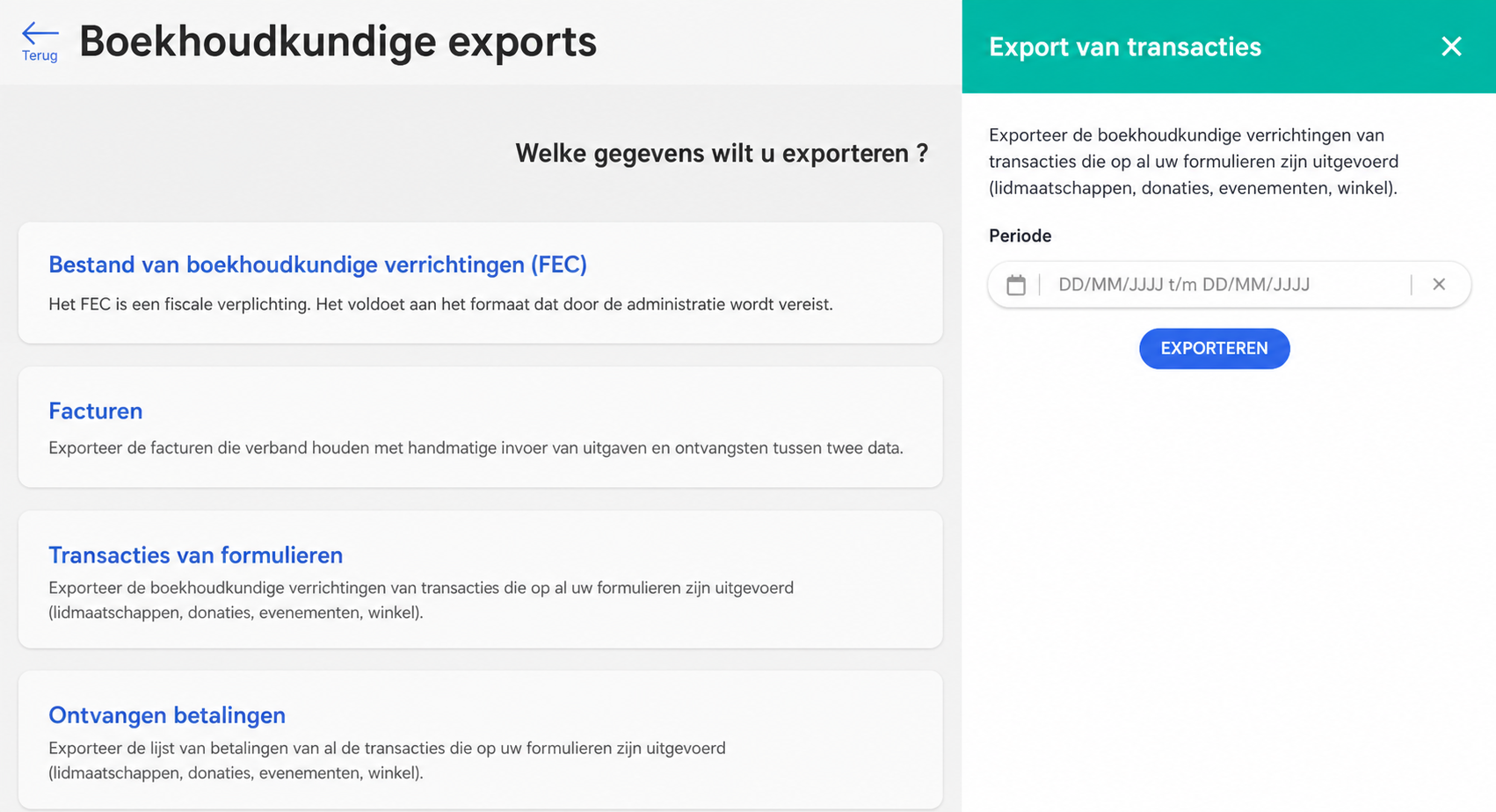 Pagina « Boekhoudkundige exports » met het geopende paneel « Export van de transacties », met een veld voor de periode en de knop « Exporteren »