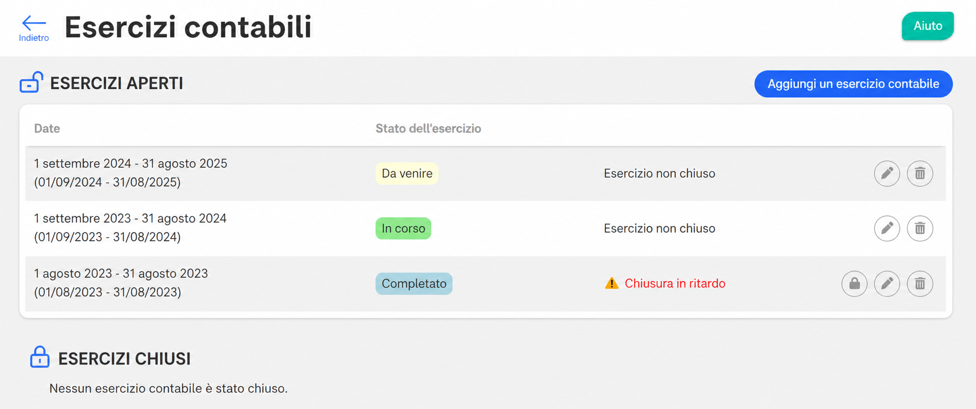 Pagina «Esercizi contabili» che mostra gli esercizi aperti con i relativi stati e il pulsante «Aggiungi un esercizio contabile» evidenziato.