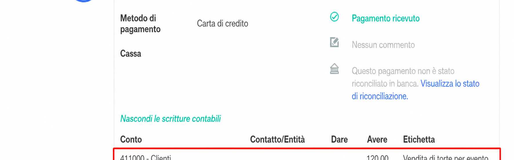 Écriture comptable d'un paiement de 120 € par carte bancaire (pièce #84), avec les comptes 411000 Clients (crédit) et 512001 Banques (débit) mis en évidence.