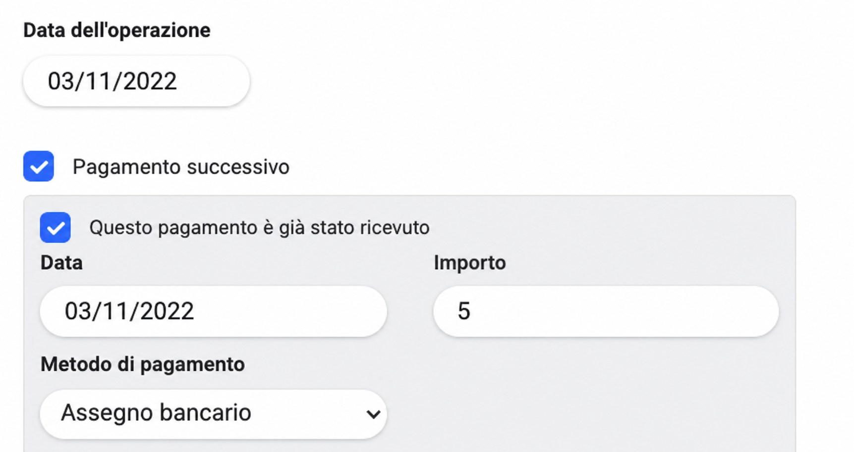 Formulaire AssoConnect avec les champs « Date de l'opération », « Paiement ultérieur » coché, date, montant (5) et moyen de paiement « Chèque classique »