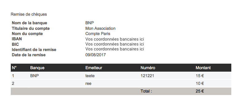 Exemple de récapitulatif de remise de chèques dans AssoConnect, avec les coordonnées bancaires et un tableau listant deux chèques pour un total de 25 €