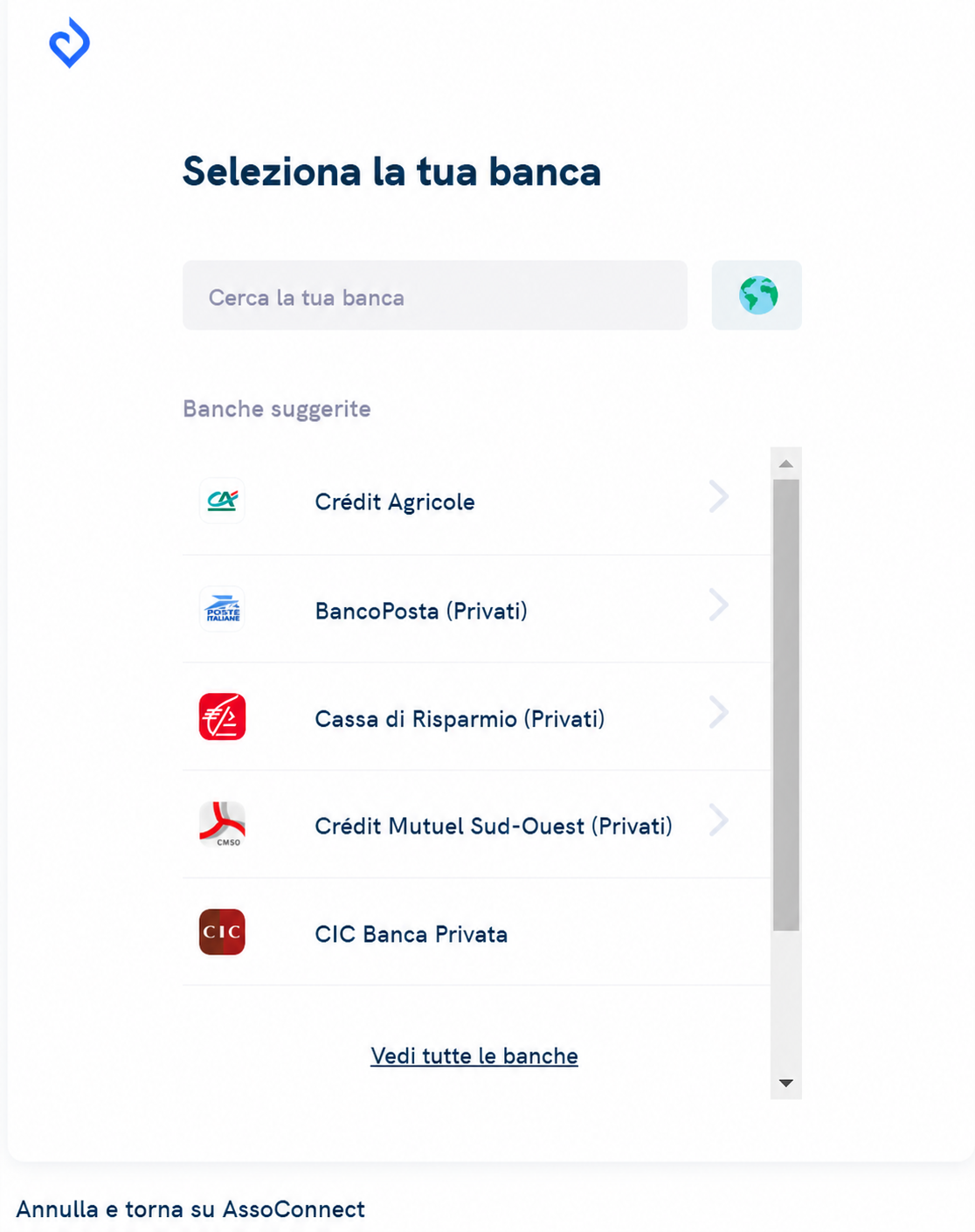 Schermata di selezione della banca con una barra di ricerca e un elenco di banche suggerite, tra cui Crédit Agricole, La Banque Postale e CIC Banque Privée.