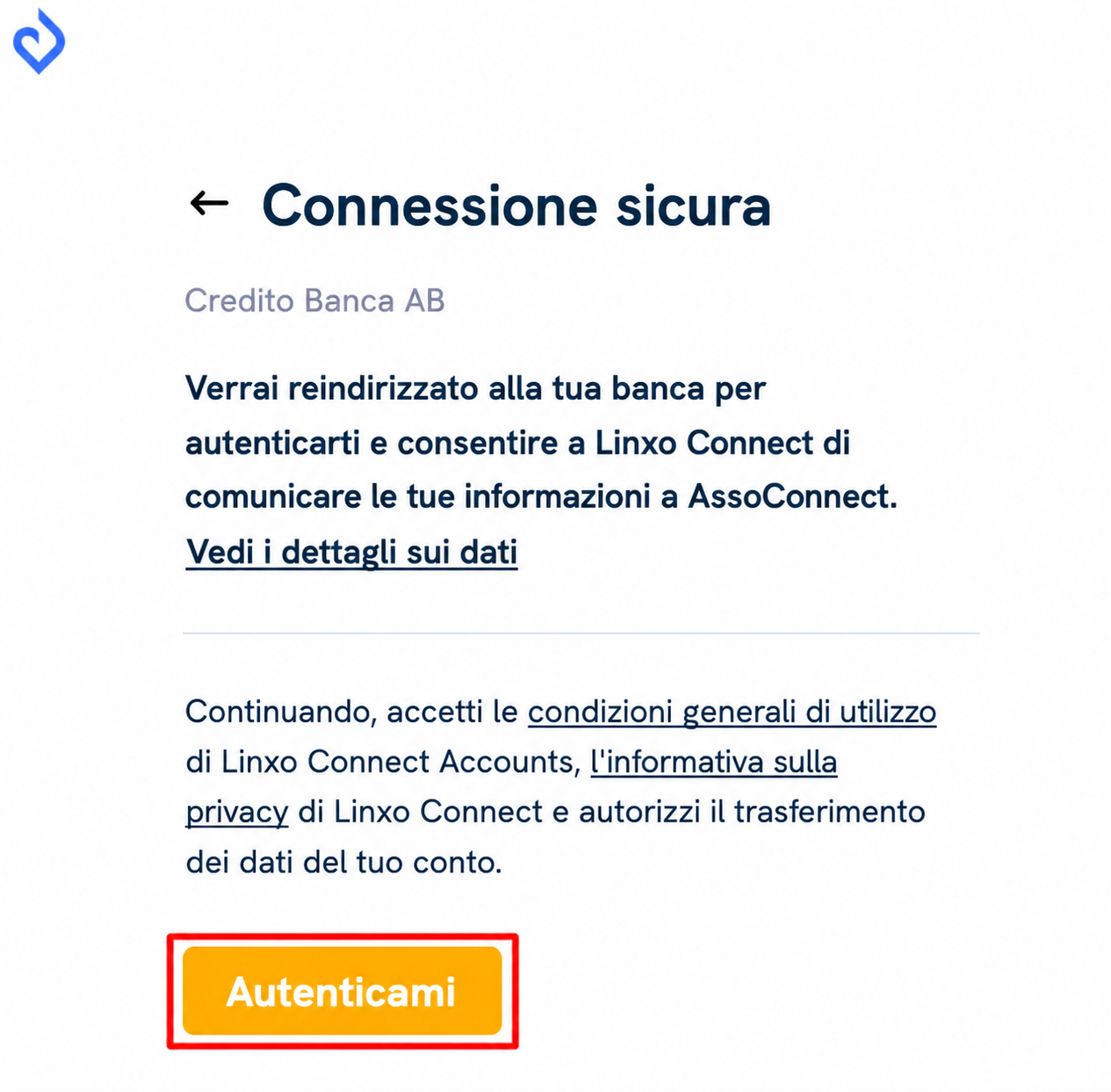 Schermata di connessione sicura Linxo Connect con il pulsante giallo « Autenticati » evidenziato per accedere alla banca Crédit Banque XY.
