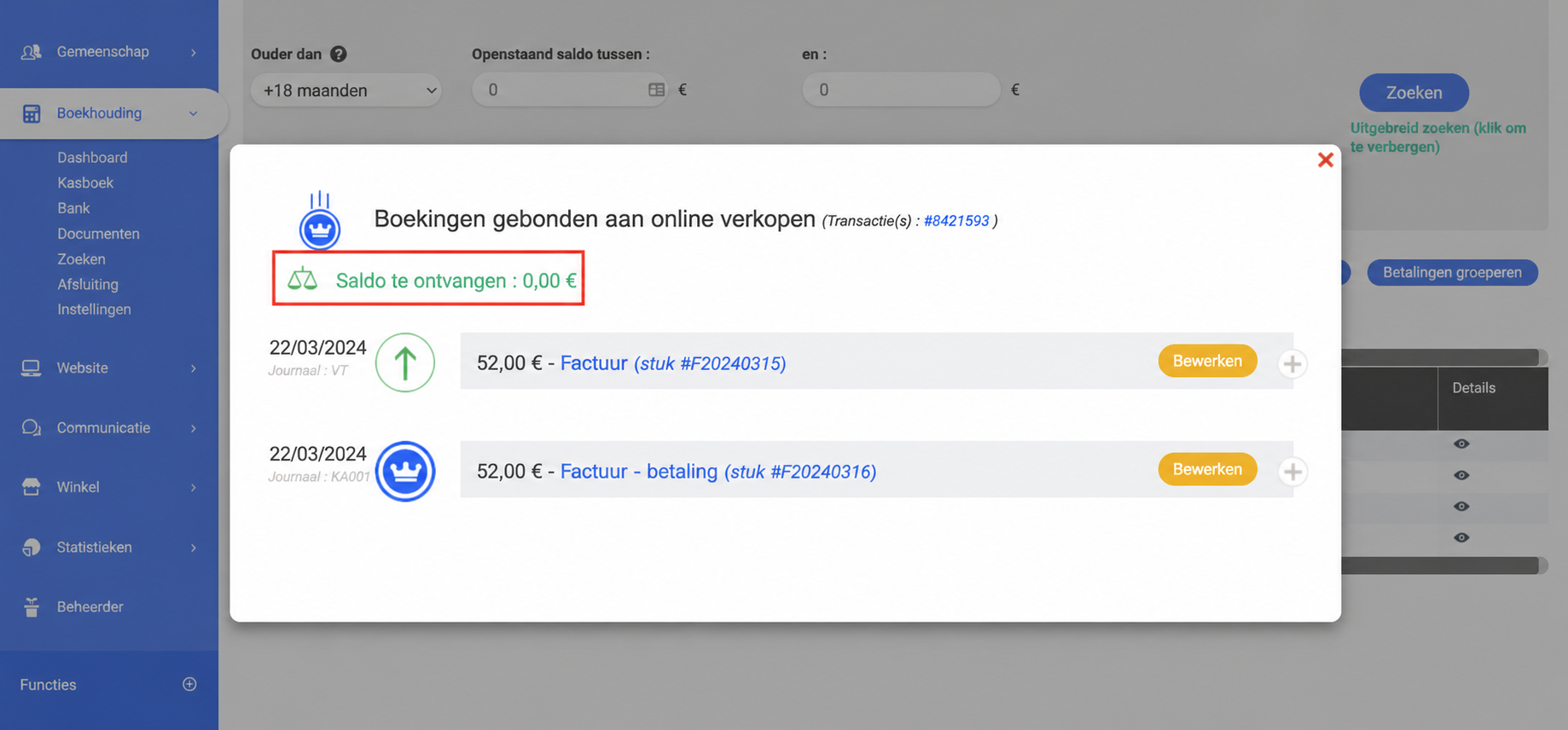 Venster « Boekingen gekoppeld aan onlineverkopen » met een nog te ontvangen bedrag van 0 €, met een factuur en een betaling van 43,00 EUR van 12/05/2022