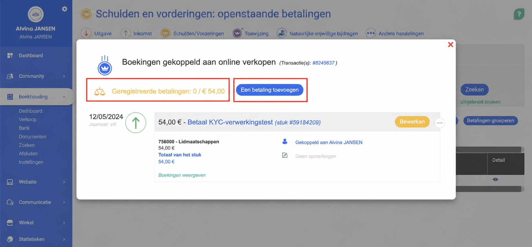 Venster « Boekingen gekoppeld aan onlineverkopen » met een betaling in afwachting van 43,00 EUR en de knop « Een betaling toevoegen » in de kijker.