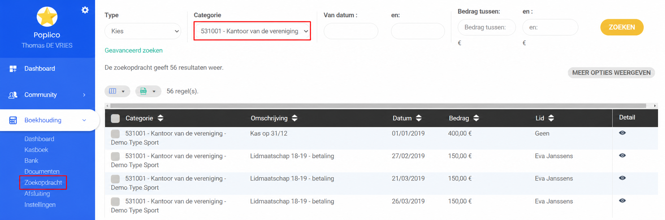 Module Boekhouding > Zoeken in AssoConnect, met de filter Categorie ingesteld op « 531001 - Kas van de zetel » en 56 resultaten in de tabel.
