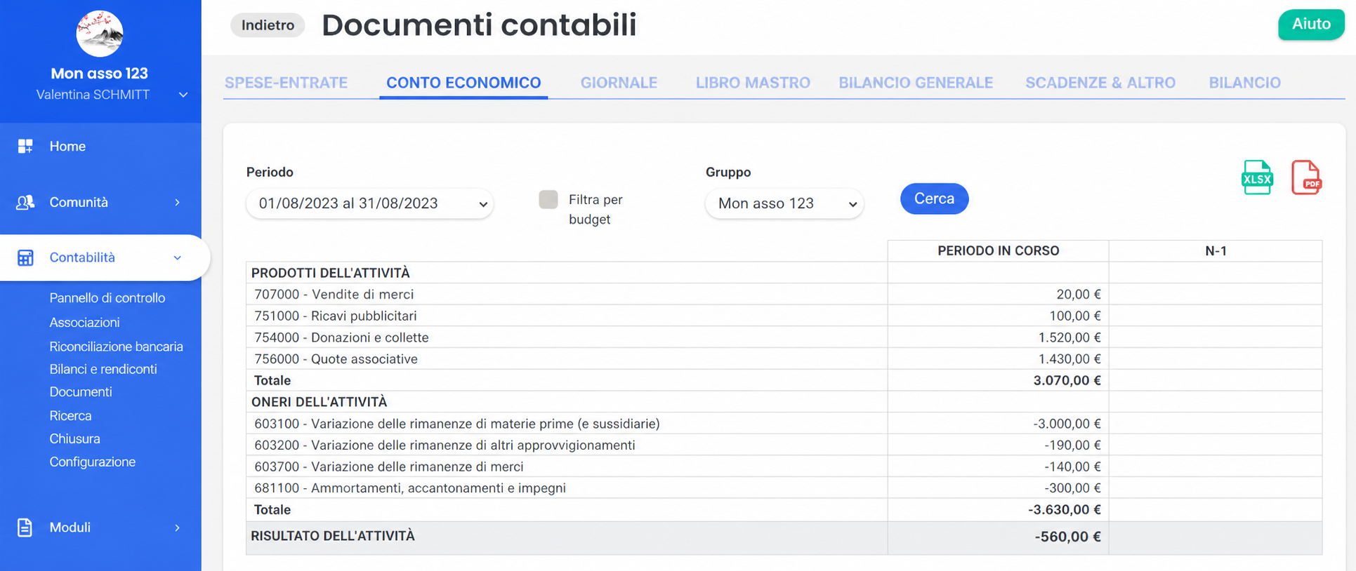 Scheda « Conto economico » nei Documenti contabili di AssoConnect, che mostra i ricavi e i costi operativi di agosto 2023, con i pulsanti di esportazione XLSX e PDF evidenziati.