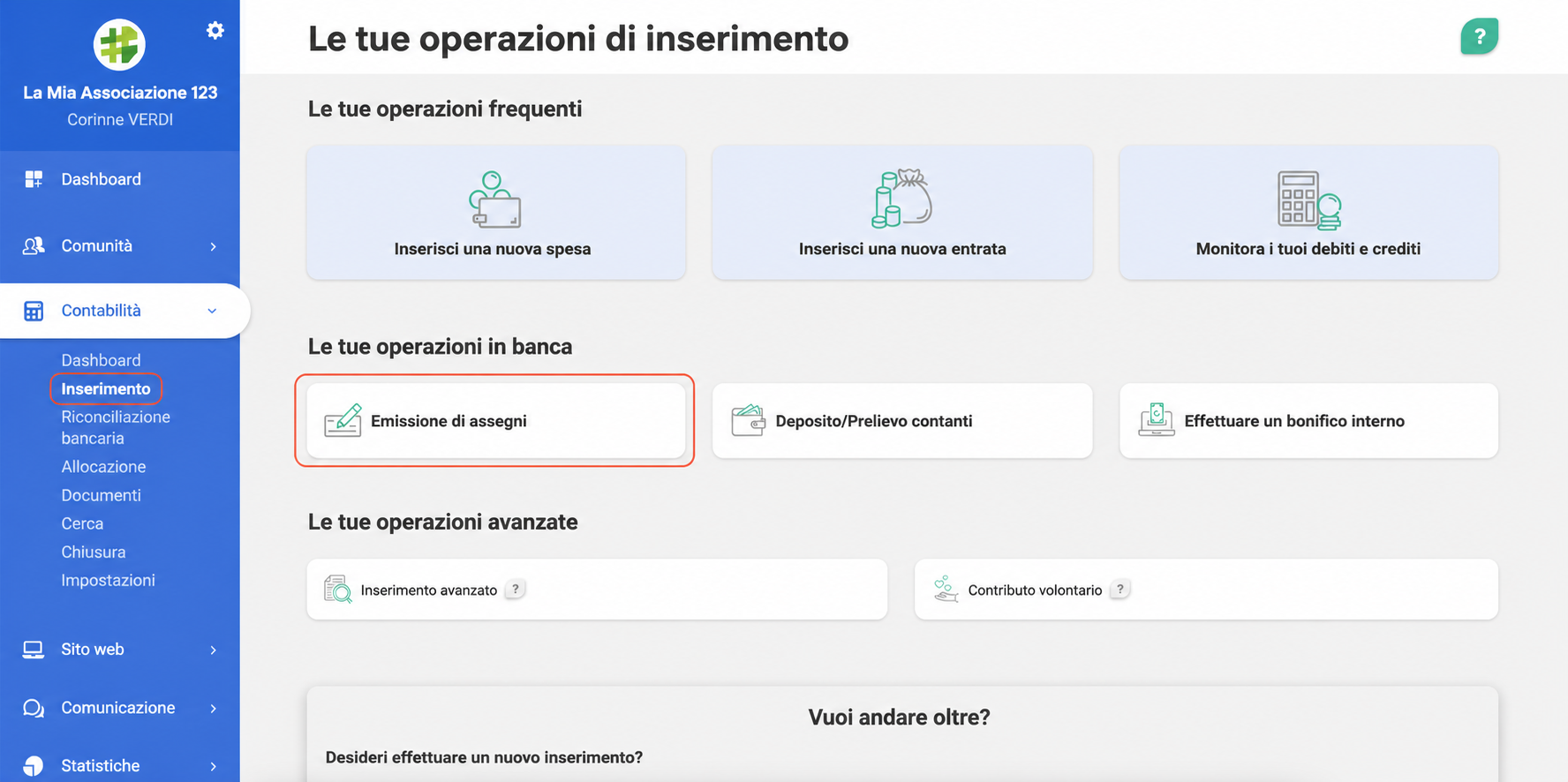 Page « Vos opérations de saisie » dans AssoConnect, avec la tuile « Remise de chèques » mise en évidence dans la section « Vos opérations en banque ».
