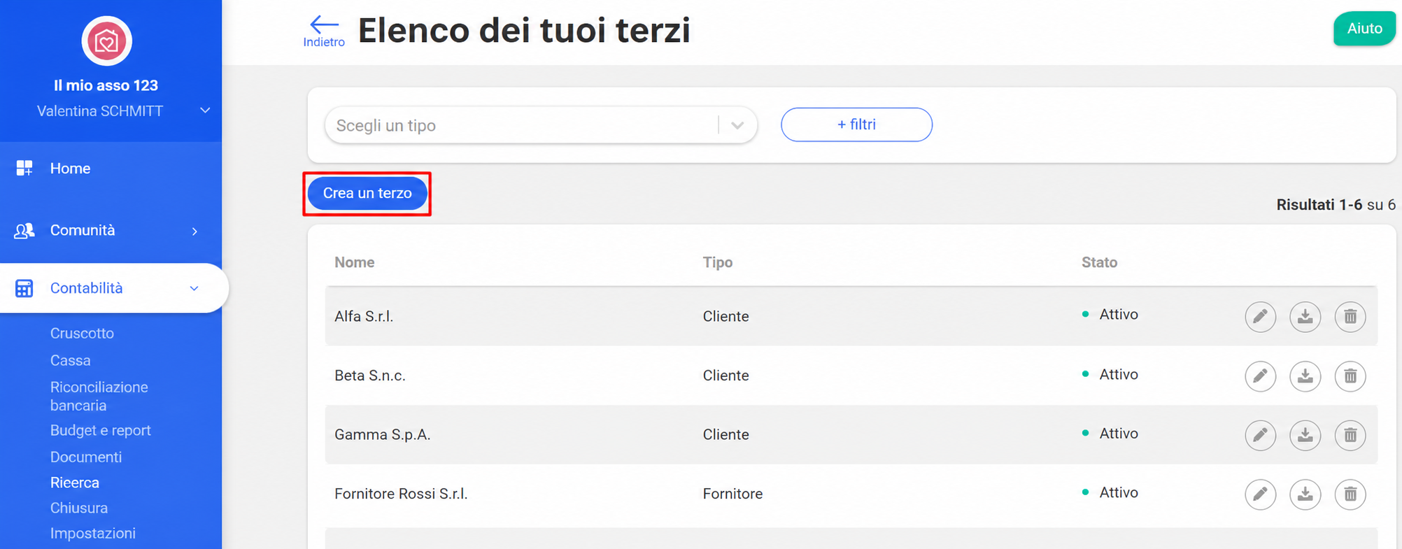 Page « Liste de vos tiers » dans AssoConnect avec le bouton « Créer un tiers » mis en évidence, et un tableau listant des clients et fournisseurs actifs.