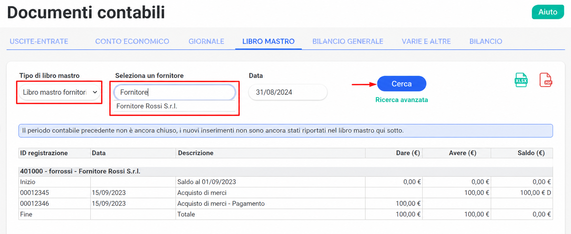 Grand Livre fournisseur dans les Documents Comptables : sélection du type « Grand livre fournisseur », recherche de « Fournisseur B » et résultats avec débits, crédits et solde.