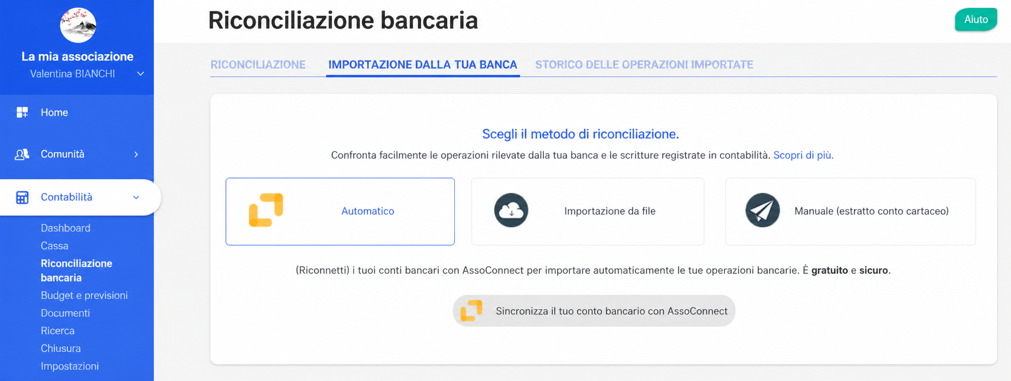 Schermata « Riconciliazione bancaria » in AssoConnect, scheda « Importazione dalla tua banca » con il metodo « Automatico » selezionato e il pulsante « Sincronizza il tuo conto bancario con Linxo » evidenziato.