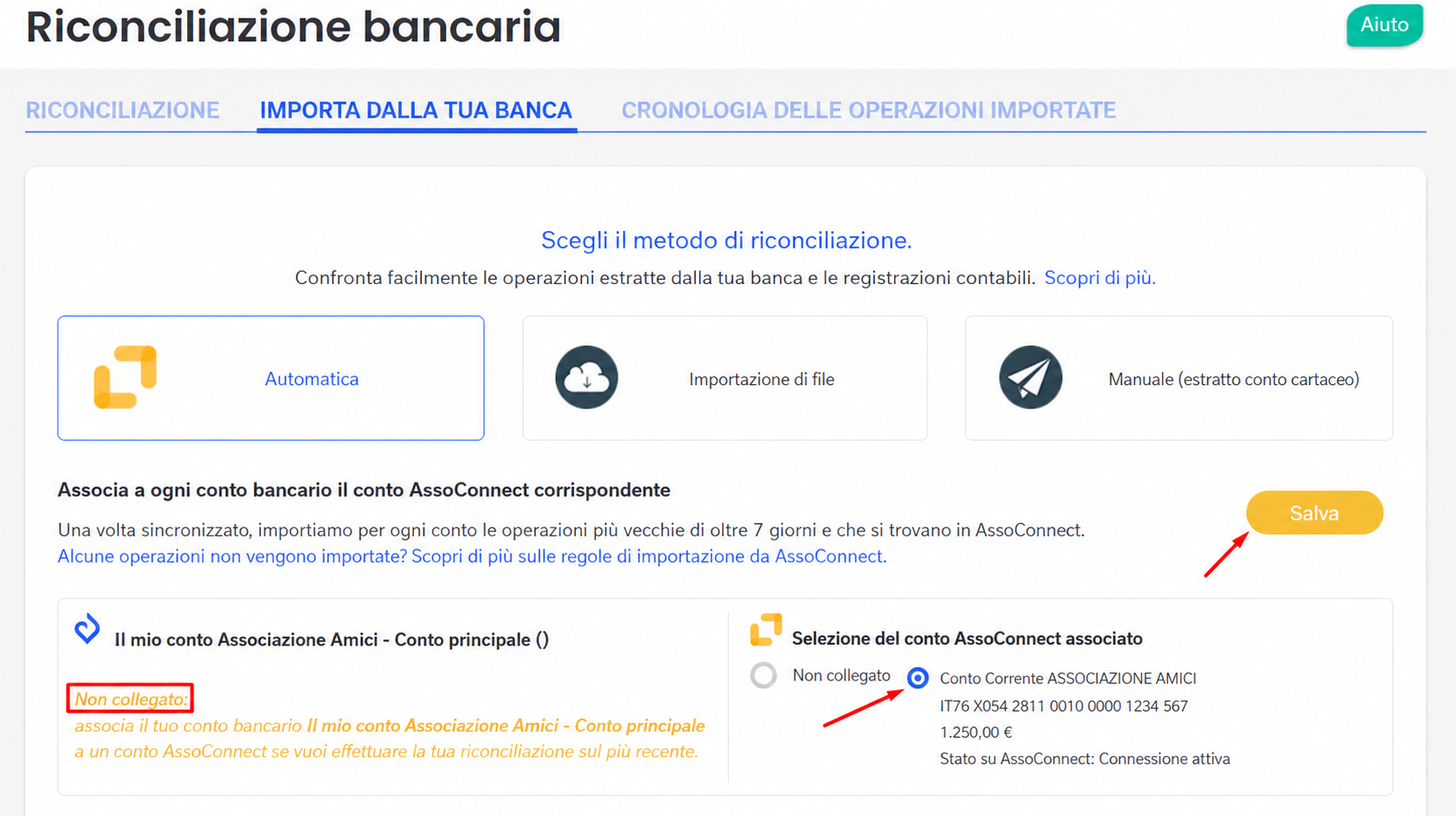 Pagina « Importazione dalla tua banca » della riconciliazione bancaria AssoConnect, con la modalità Automatica selezionata e un conto Linxo associato al conto principale, il pulsante Salva evidenziato