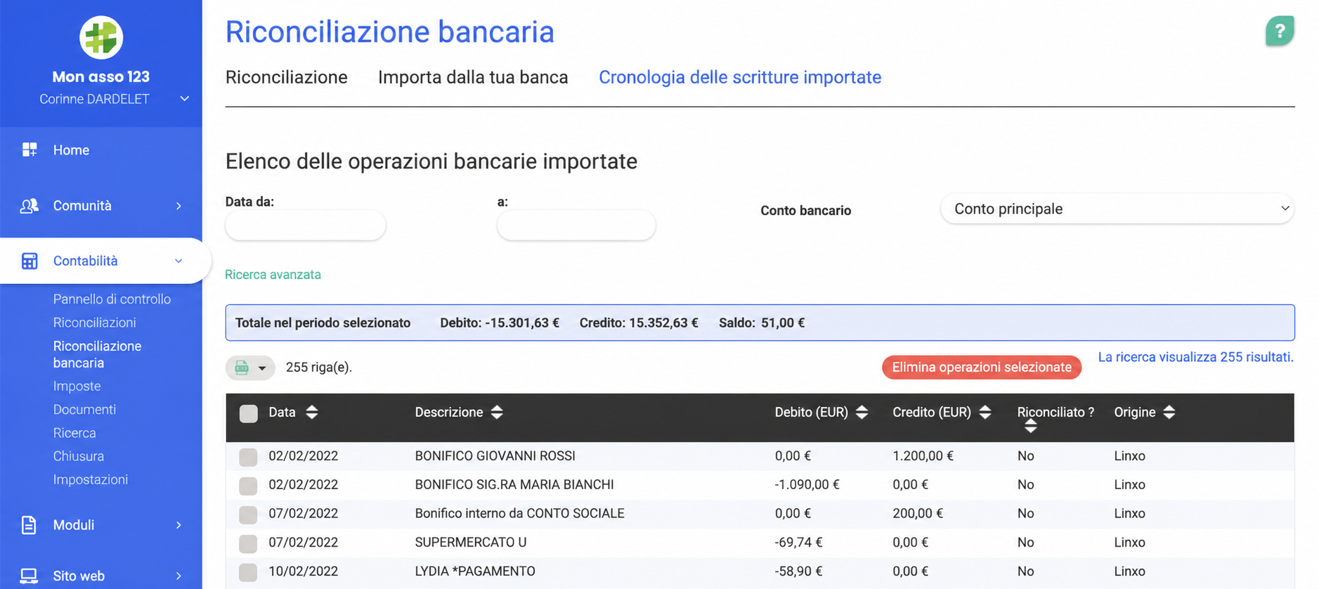 Scheda « Cronologia delle scritture importate » della riconciliazione bancaria AssoConnect, che mostra 255 operazioni con dare, avere e saldo di 51,00 €.