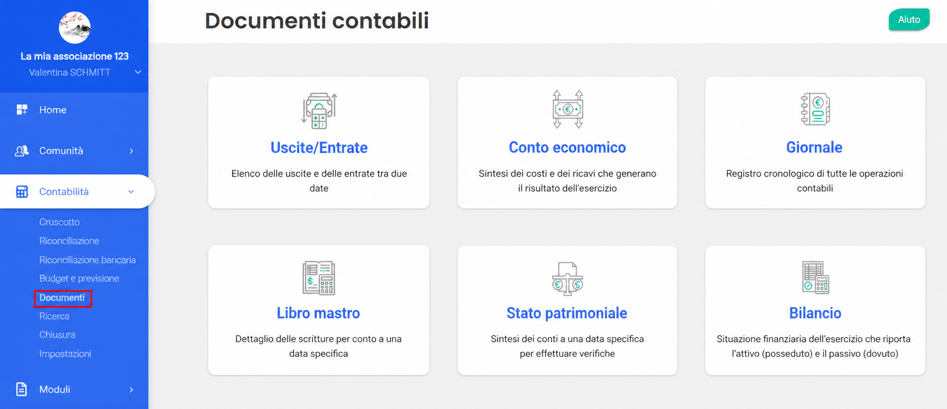 Pagina « Documenti contabili » di AssoConnect con i 6 documenti disponibili: Uscite/Entrate, Conto economico, Libro giornale, Libro mastro, Bilancio di verifica e Stato patrimoniale, con la voce « Documenti » evidenziata nel menu.