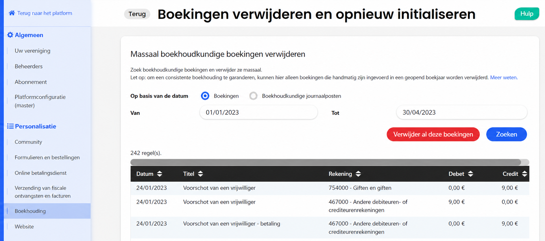 Pagina « Boekingen verwijderen en resetten » van AssoConnect, met een filter op datum (01/01/2023 – 30/04/2023) en 242 lijnen met boekhoudkundige boekingen.
