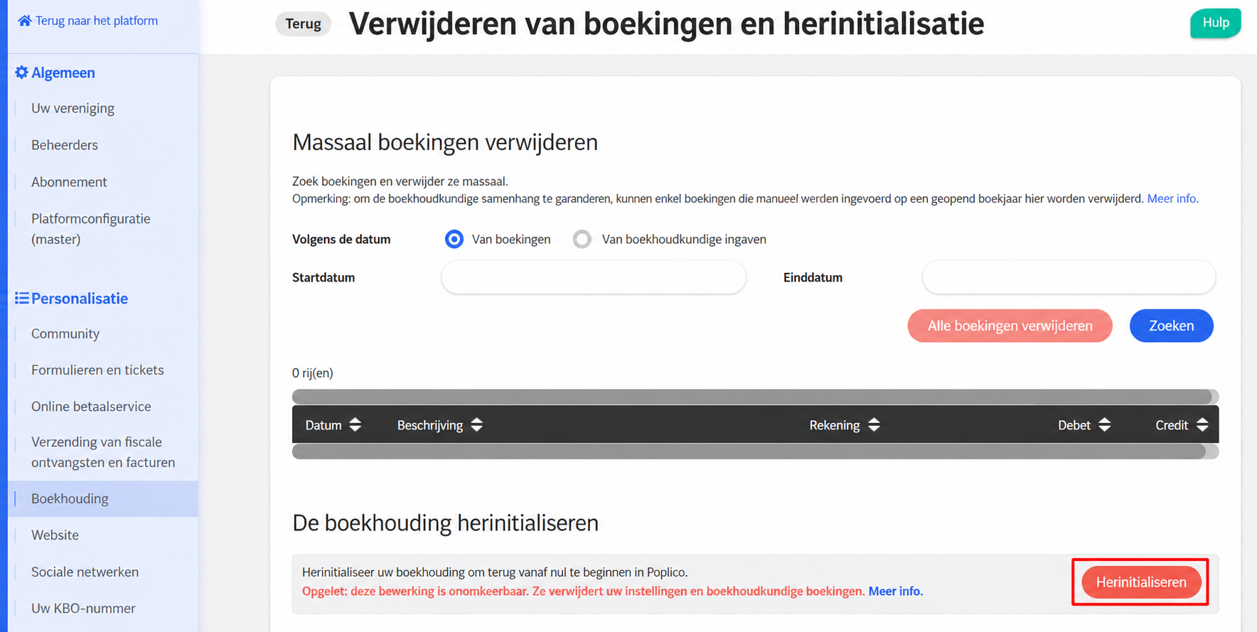 AssoConnect-pagina « Boekingen verwijderen en resetten » met de knop « Resetten » rood omkaderd in de rubriek « Boekhouding resetten »
