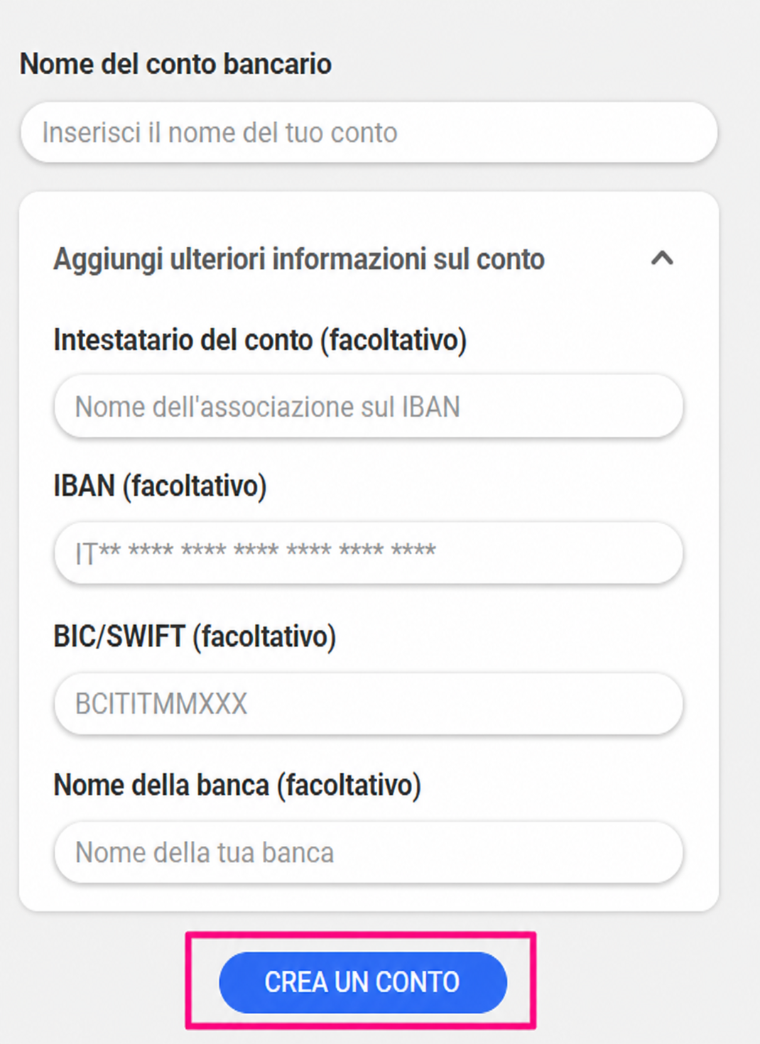 Modulo di creazione di un conto bancario con i campi Nome del conto, IBAN, BIC/SWIFT e Nome della banca, con il pulsante « Crea un conto » evidenziato.