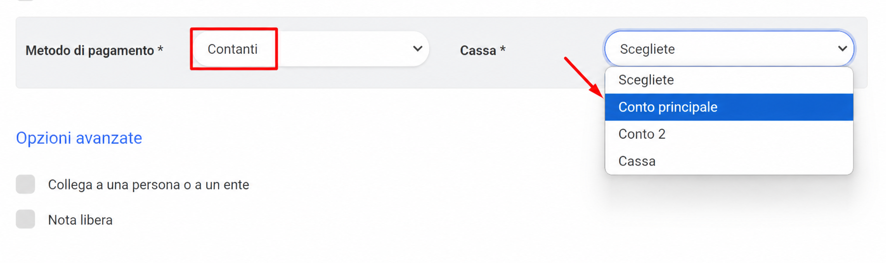 Sezione Pagamento con il metodo "Contanti" selezionato e l'elenco a discesa Cassa aperto, che indica l'opzione "Conto principale"