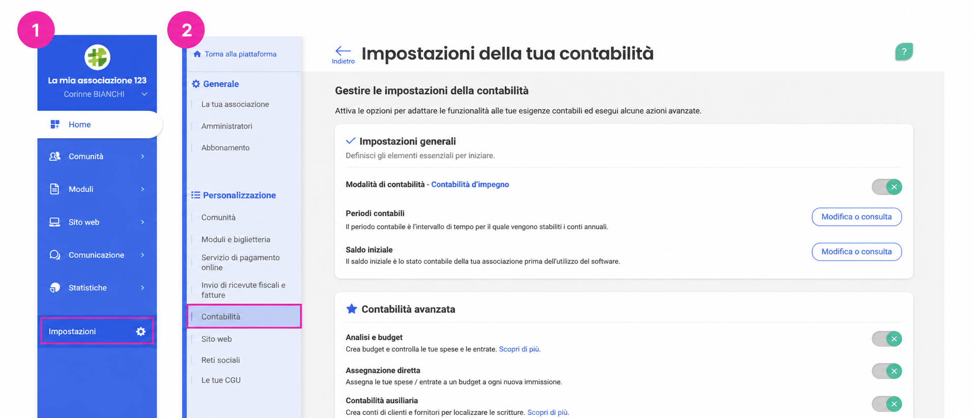Schermata «Paramètres de votre comptabilité» in AssoConnect, con il menu Paramétrage (1) e la scheda Comptabilité (2) evidenziati.