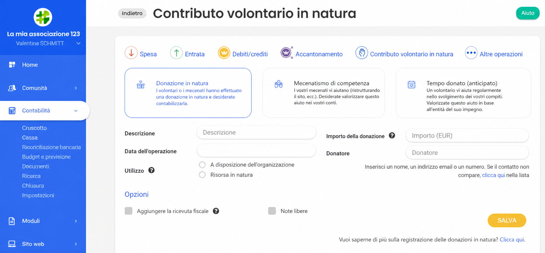 Modulo di inserimento di una donazione in natura in AssoConnect, con i campi Libellé, Date, Utilisation, Montant e Donateur
