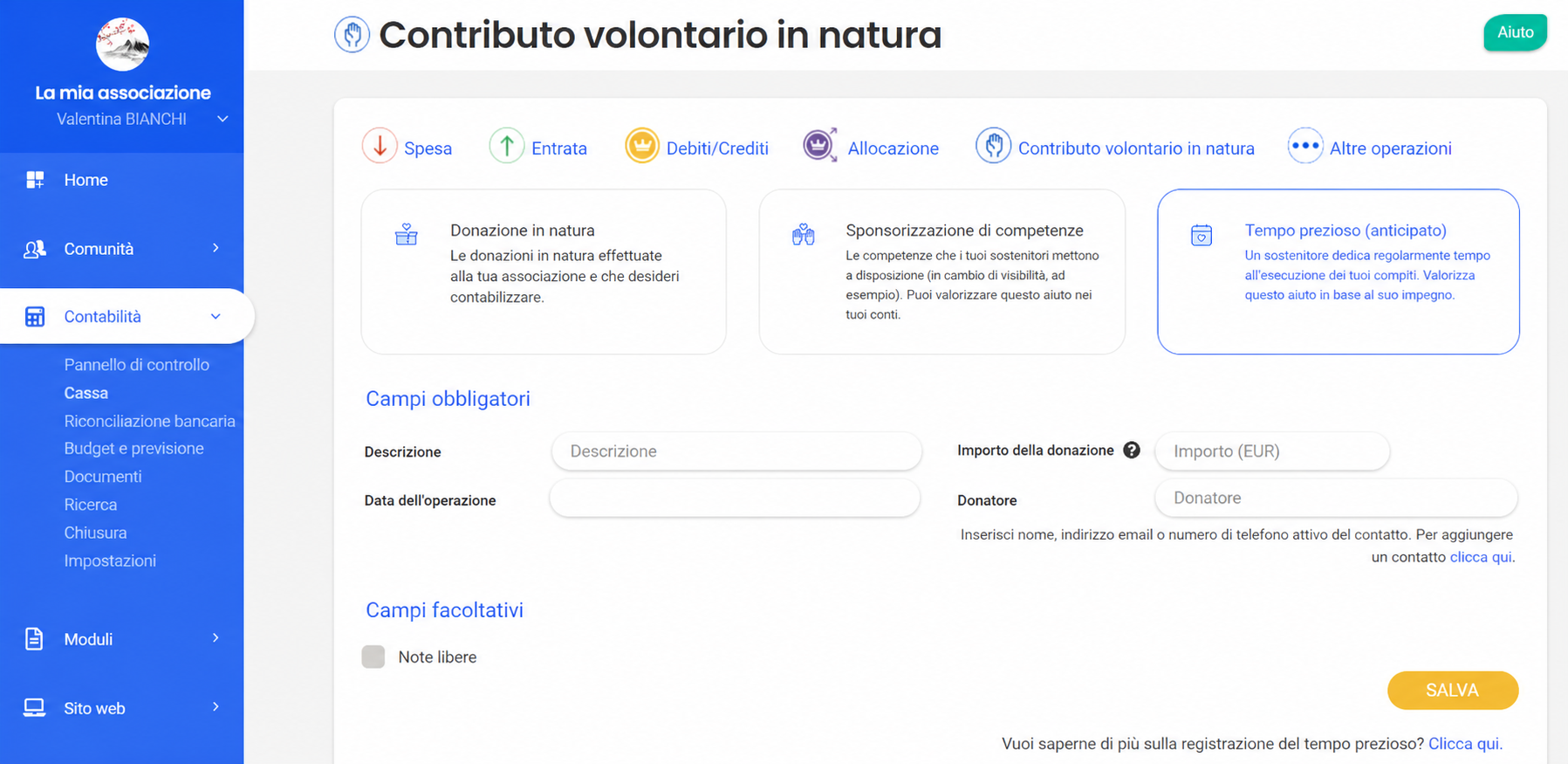 Modulo di registrazione « Contribution volontaire en nature » con l'opzione « Temps bénévoles (avancé) » evidenziata da un riquadro rosso.