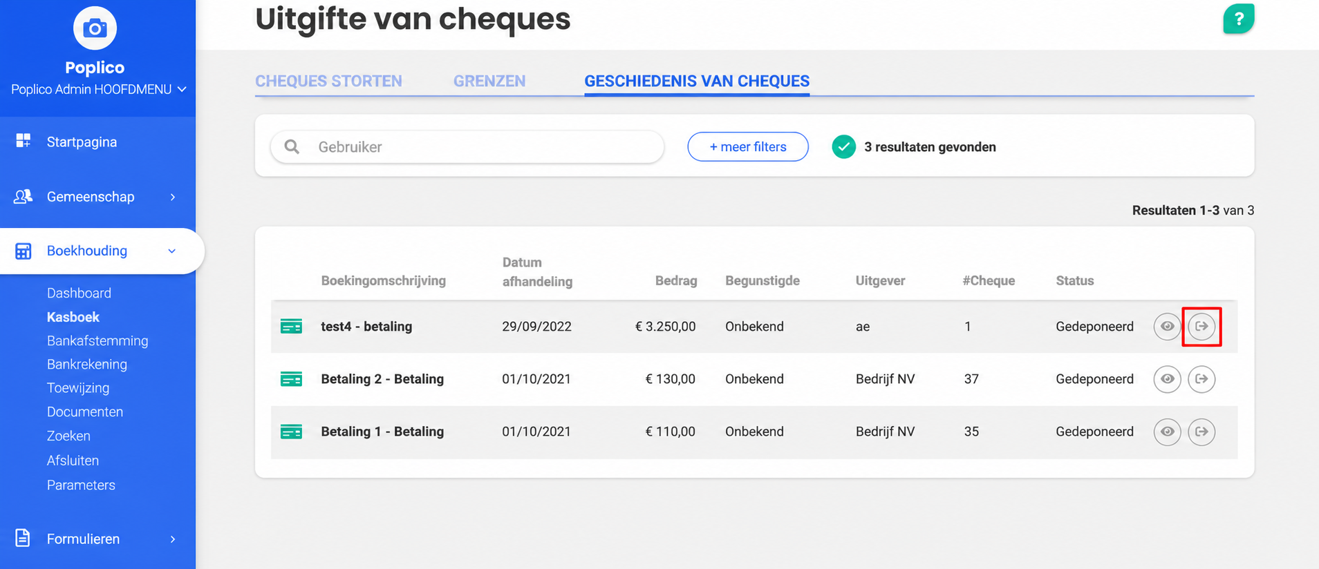Tabblad « Historique des chèques » in de sectie Remise de chèques, met 3 ingediende cheques met hun bedrag, uitgever en nummer, en de doorverwijsknop gemarkeerd.