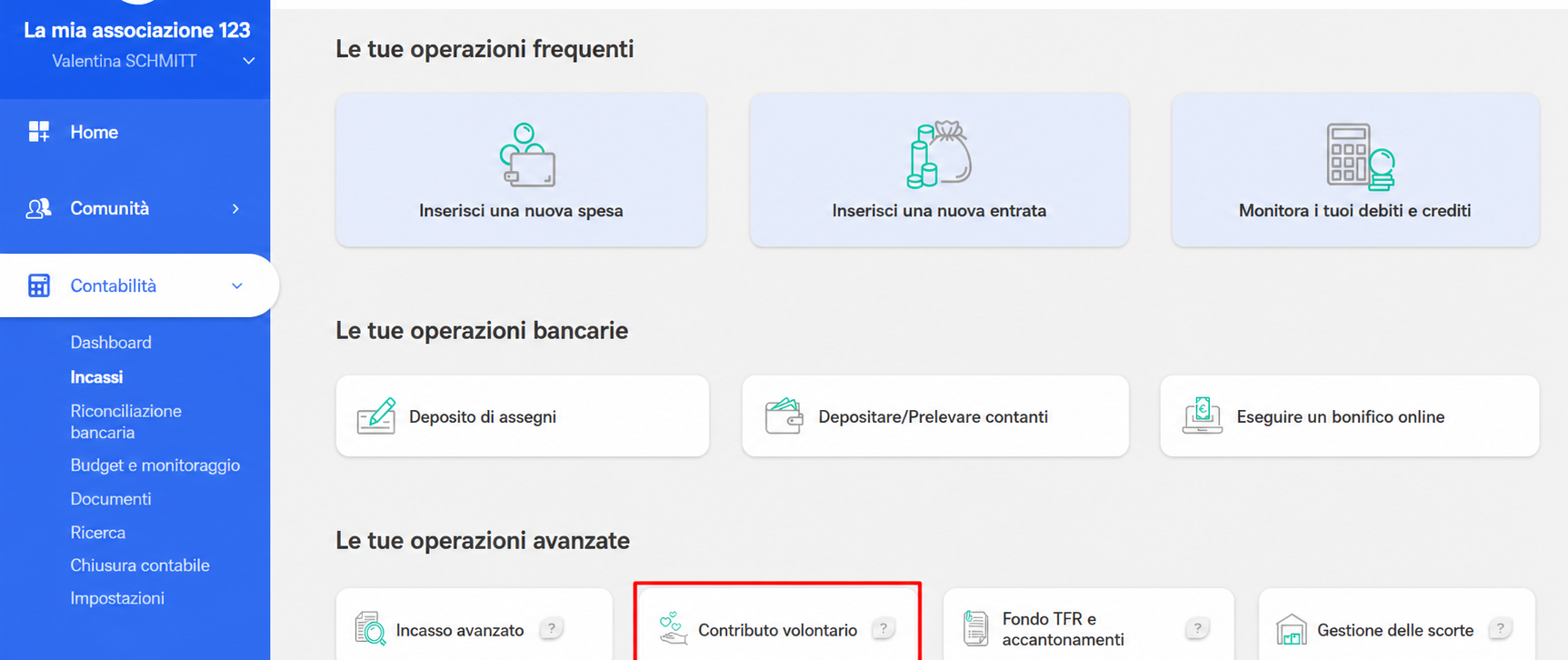 Pagina « Vos opérations de saisie » in AssoConnect, con il pulsante « Contribution volontaire » evidenziato nella sezione « Opérations avancées »