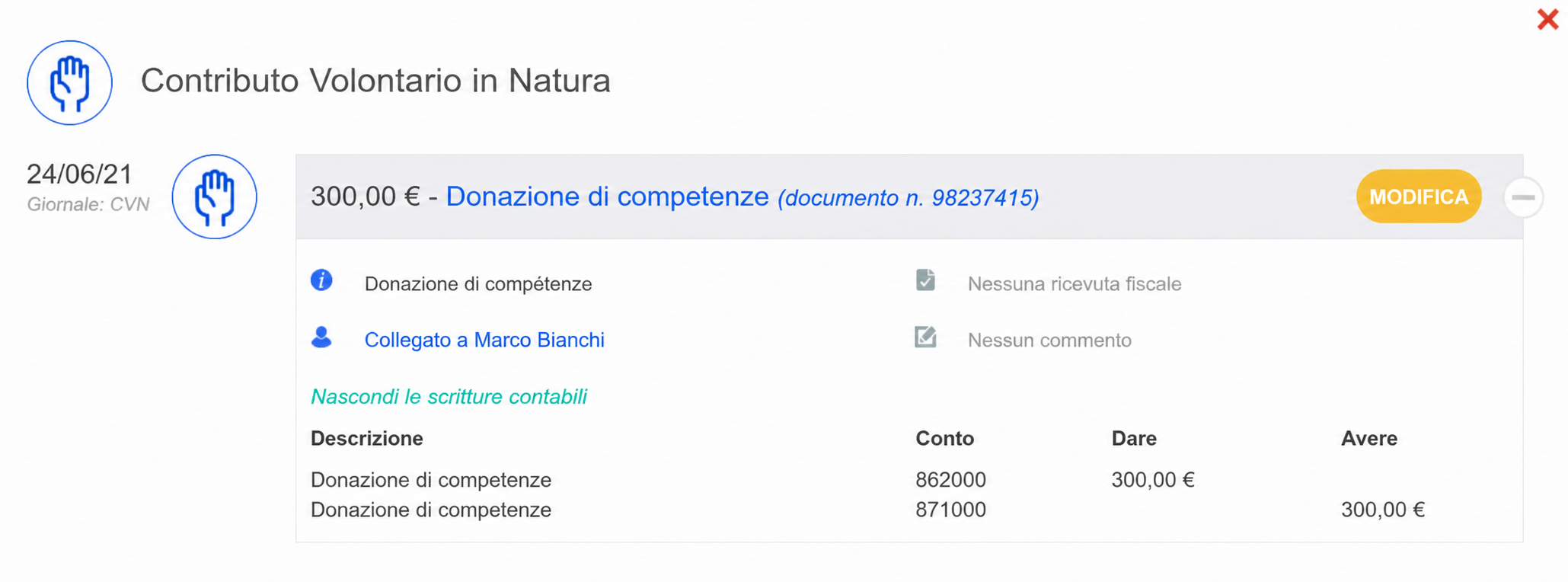 Scheda di una scrittura di Contributo Volontario in Natura (CVN) di 300 € per un mecenatismo di competenze, con le scritture contabili sui conti 862000 e 871000.