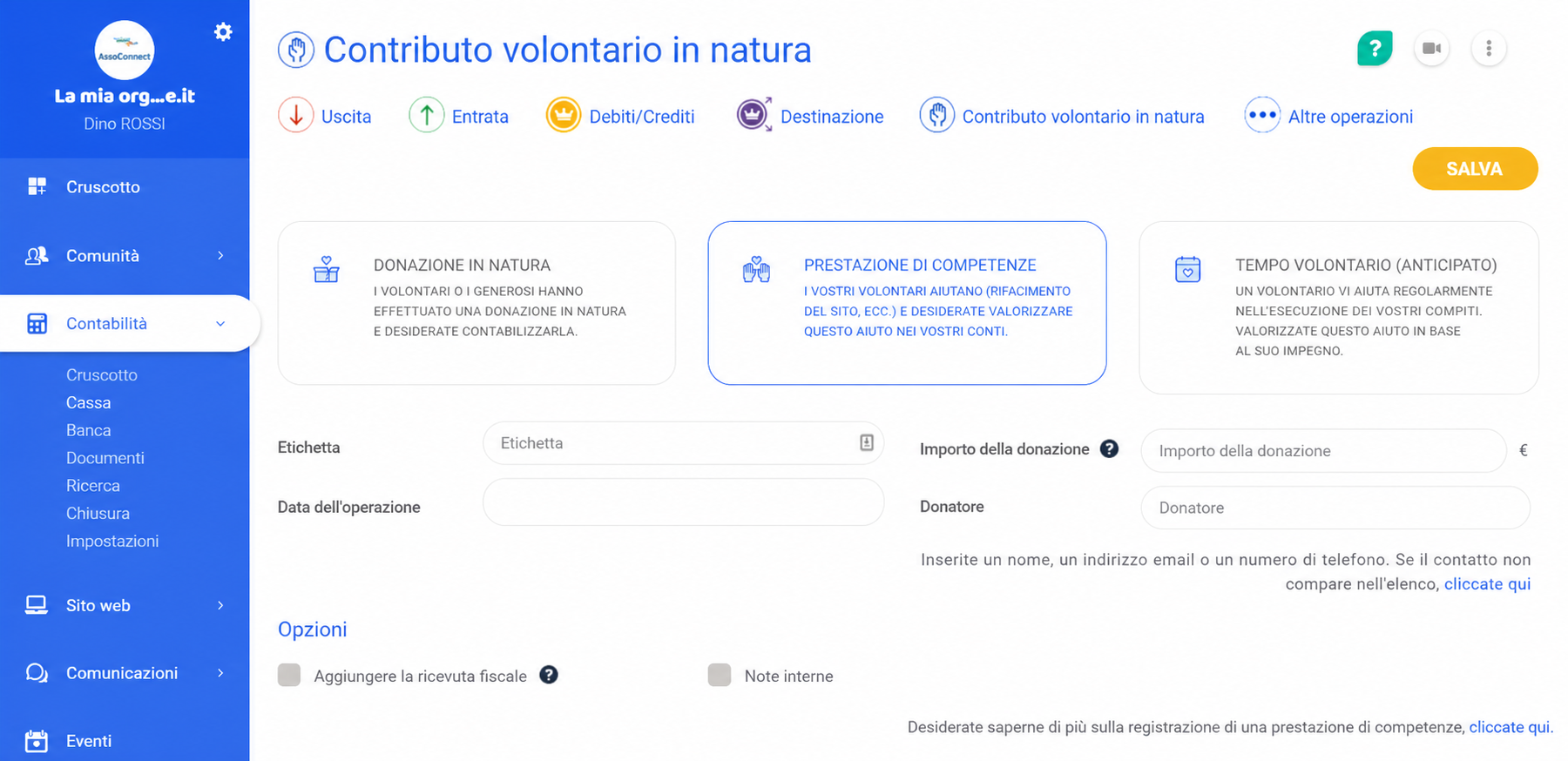 Modulo di inserimento di un contributo volontario in natura in AssoConnect, con la scheda « Mécénat de compétence » selezionata, che mostra i campi Libellé, Date, Montant du don e Donateur.