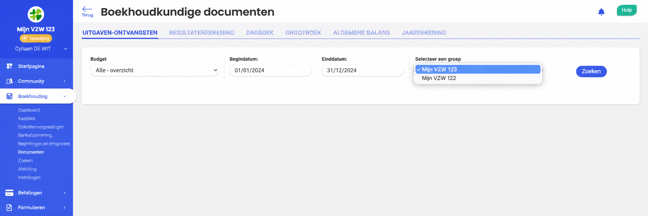 Pagina Boekhoudkundige documenten met het tabblad Uitgaven-Inkomsten actief en het geopende keuzemenu « Een groep selecteren », met Mon Asso 123 (geselecteerd) en Mon Asso 122