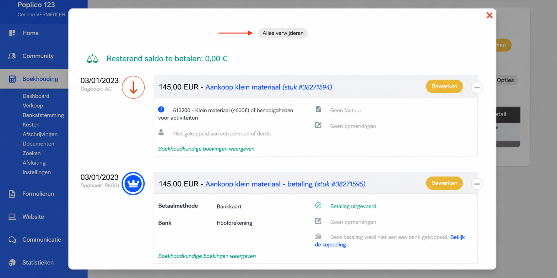 Detailvenster van een boeking in AssoConnect met twee stukken van 120 € (aankoop en betaling), « Nog te betalen: 0 € » en de knop « Alles verwijderen » uitgelicht.
