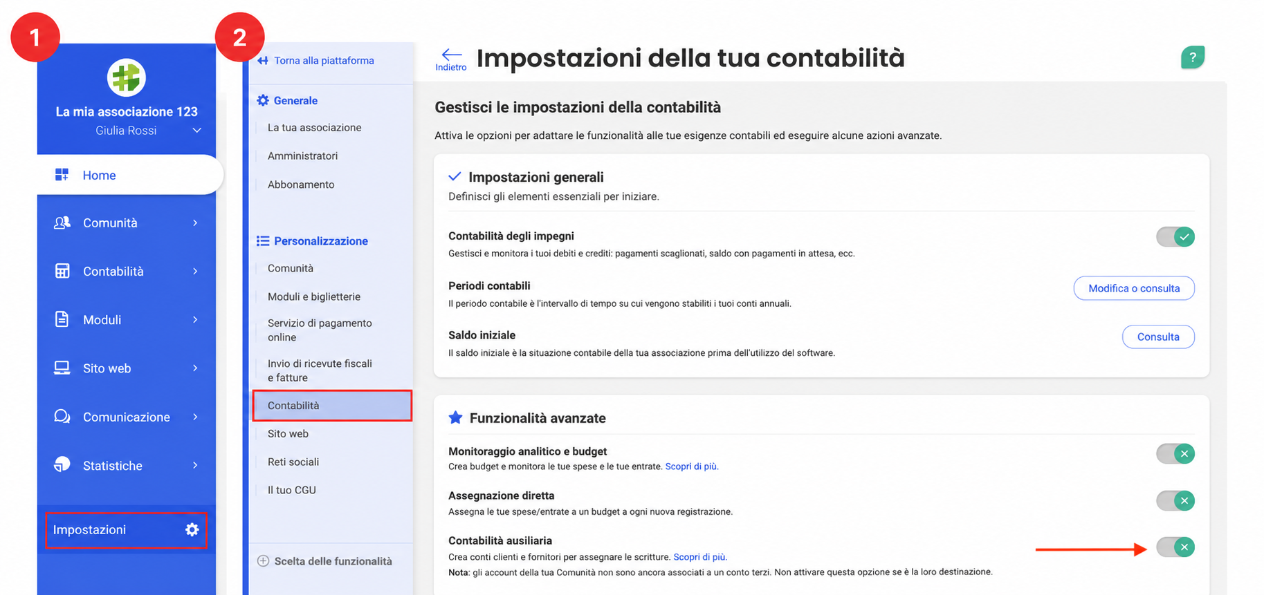 Paramètres de comptabilité dans AssoConnect, avec l'option « Comptabilité auxiliaire » mise en évidence par une flèche rouge dans la section Comptabilité avancée.