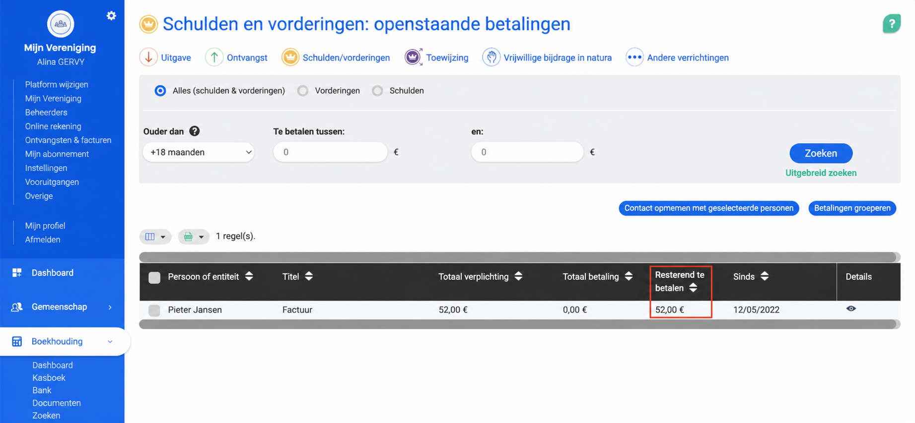 Scherm « Schulden en vorderingen: betalingen in afwachting » met de kolom « Nog te betalen » in de kijker, met een saldo van 43,00 € voor Jack Sparow.