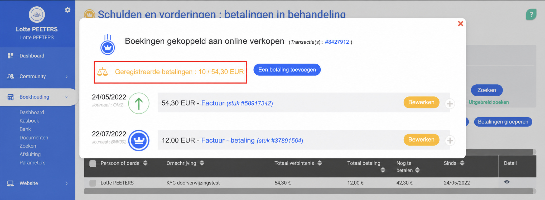 Venster « Boekingen gekoppeld aan onlineverkopen » met 10 € betaald van de 43 € die verschuldigd zijn, met twee boekingen in de lijst en een knop « Een betaling toevoegen »