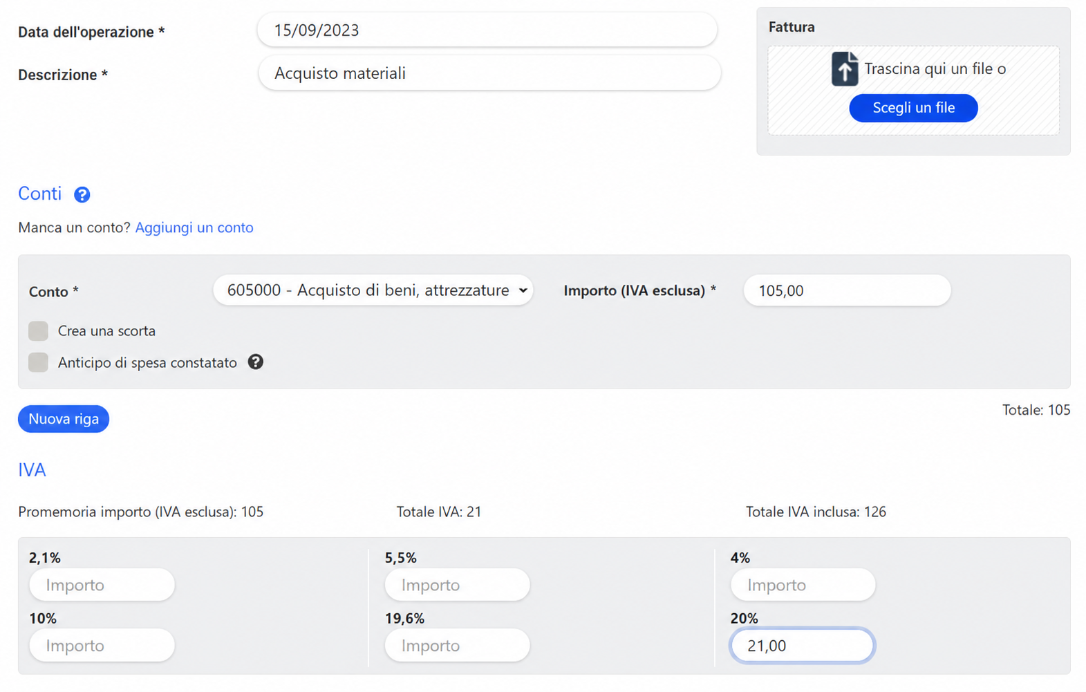 Modulo di registrazione contabile AssoConnect con il conto 605000, un importo imponibile di 100 € e un'IVA al 20% di 20 €, per un totale di 120 € IVA inclusa
