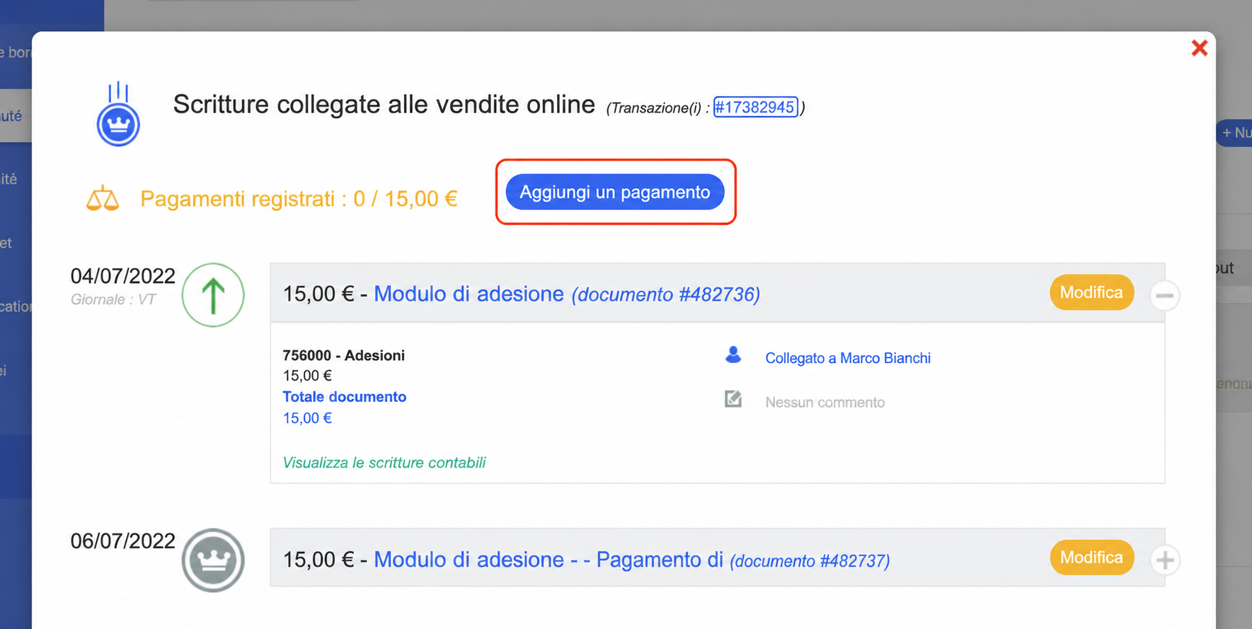 Fenêtre « Écritures liées à des ventes en ligne » avec le bouton « Ajouter un paiement » mis en évidence et deux pièces comptables de 15,00 EUR affichées.