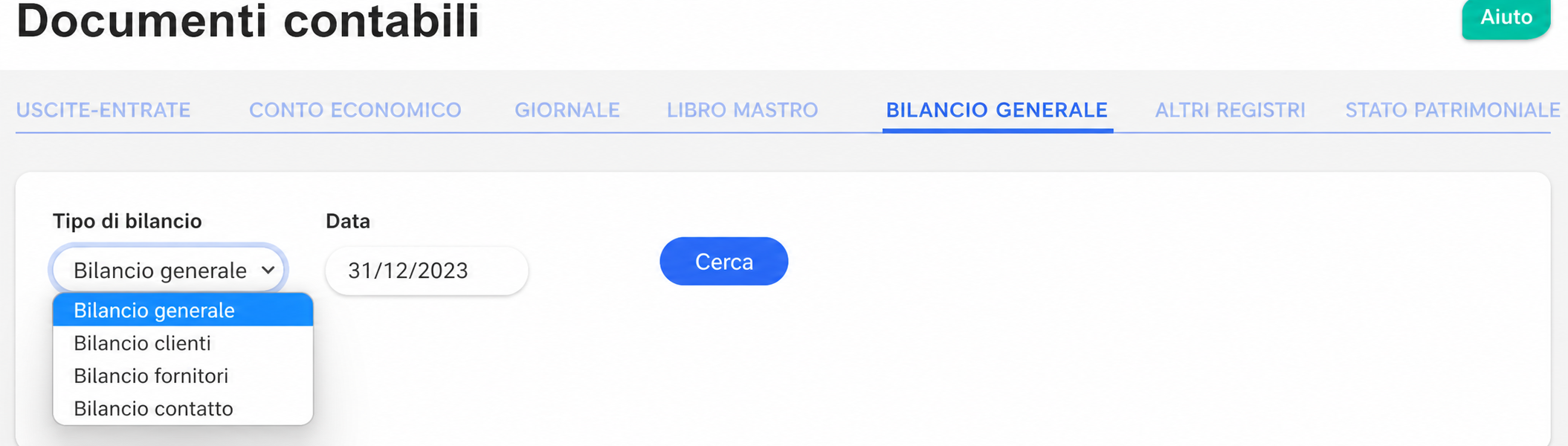 Onglet « Balance Générale » des Documents Comptables, avec le menu déroulant « Type de balance » ouvert et l'option « Balance générale » sélectionnée.