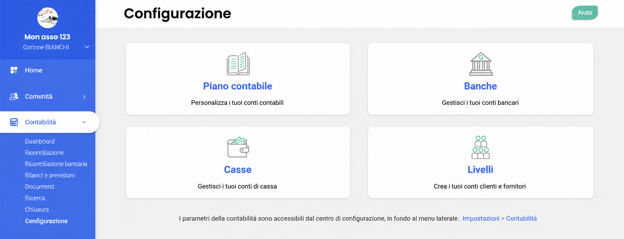 Pagina Configurazione della contabilità in AssoConnect, con quattro sezioni: Piano dei conti, Banche, Casse e Terzi.