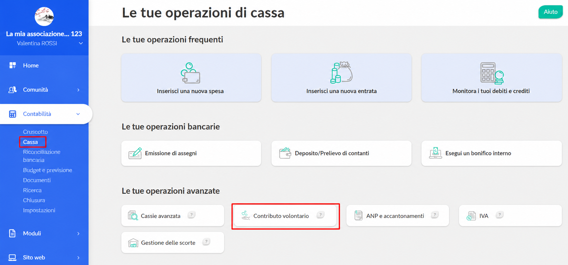 Pagina « Vos opérations de saisie » in AssoConnect, con la scheda Saisie e il pulsante Contribution volontaire evidenziati.