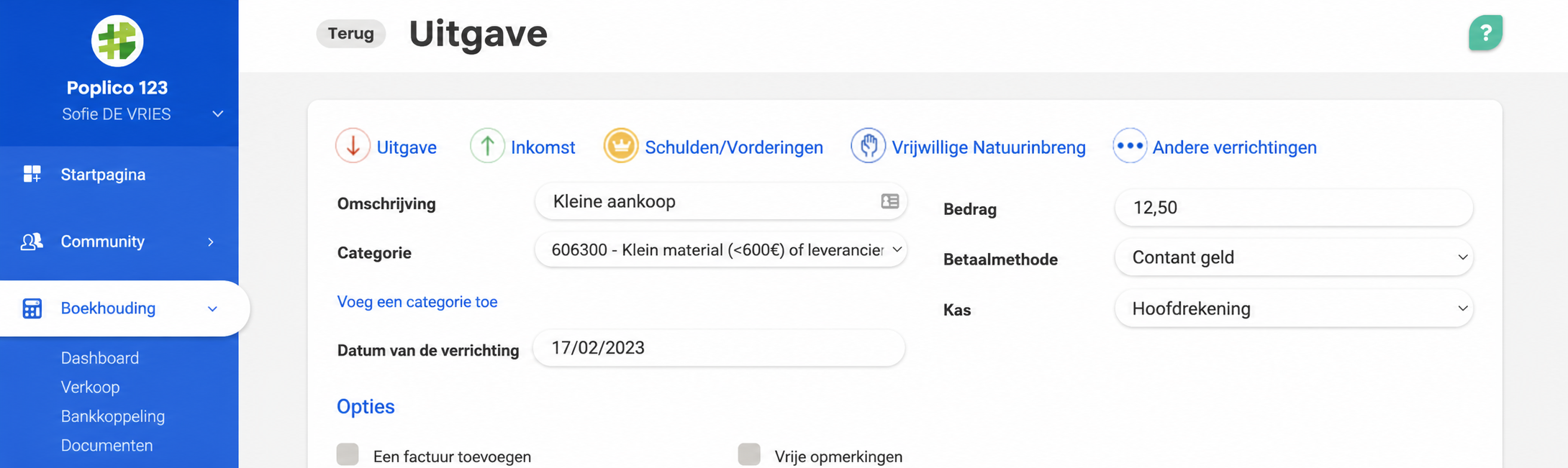 Invoerformulier van een uitgave in AssoConnect: omschrijving « Petit achat », categorie 606300, bedrag 15 € in contanten, gedateerd 17/02/2023.
