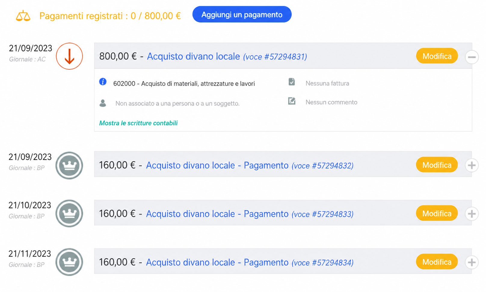 Écran de suivi des paiements AssoConnect : achat canapé local à 800 € avec trois échéances de 160 € planifiées en septembre, octobre et novembre 2023