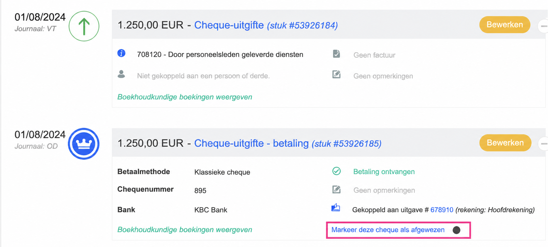 Scherm van de chequeremise in AssoConnect, met de knop « Marquer ce chèque comme rejeté » rood omkaderd.